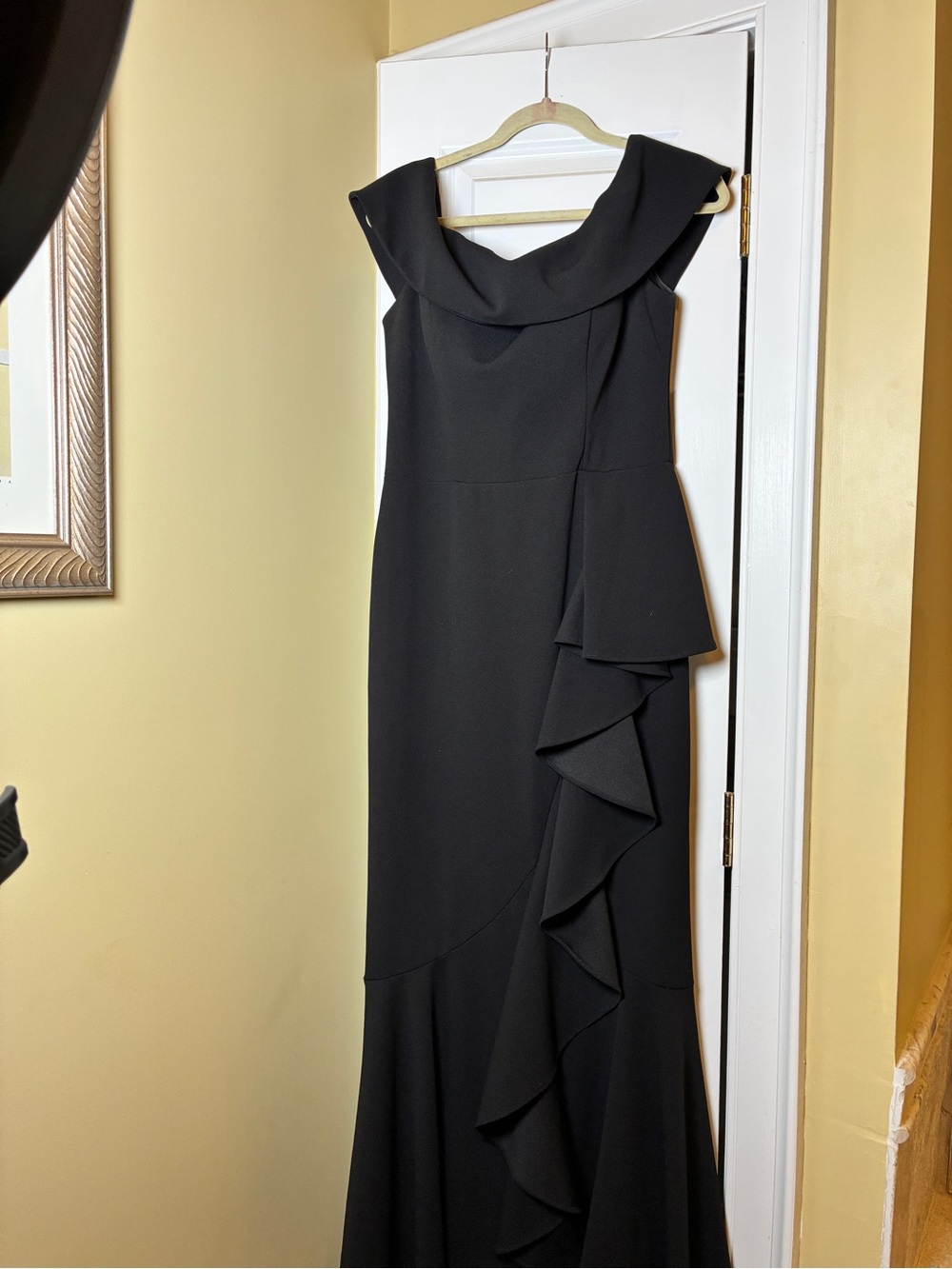 Betsy & Adam Black Off-the-Shoulder Ruffled Maxi Gown
